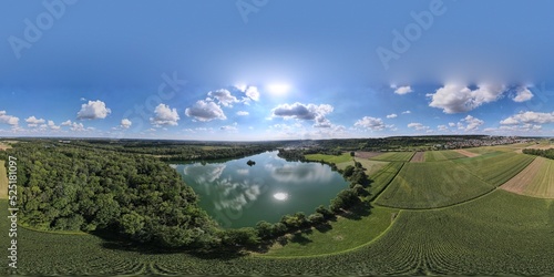 Beautiful nature landscapes with the lake Thalfinger in  the small town Neu-Ulm, Swabia, South Germany.  Beautiful nature landscapes next to the river Danube. Aerial view.	
 photo