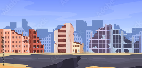 Abandoned city. Destroyed buildings, collapsed walls and broken windows. Consequences of catastrophes on buildings of various types. Vector illustration