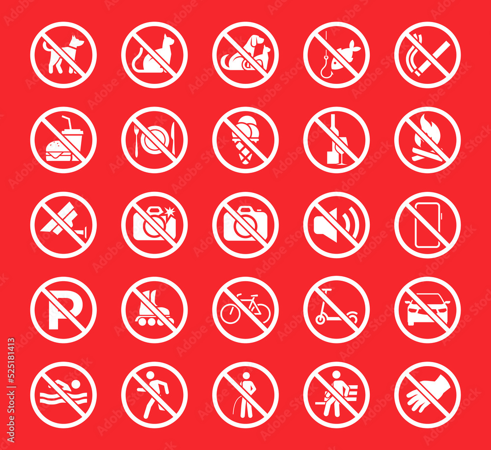 Set of prohibition icons. Prohibition warning. Red circle with oblique line. Vector illustration Set of prohibition icons. Prohibition warning. Red circle with oblique line. Vector illustration
