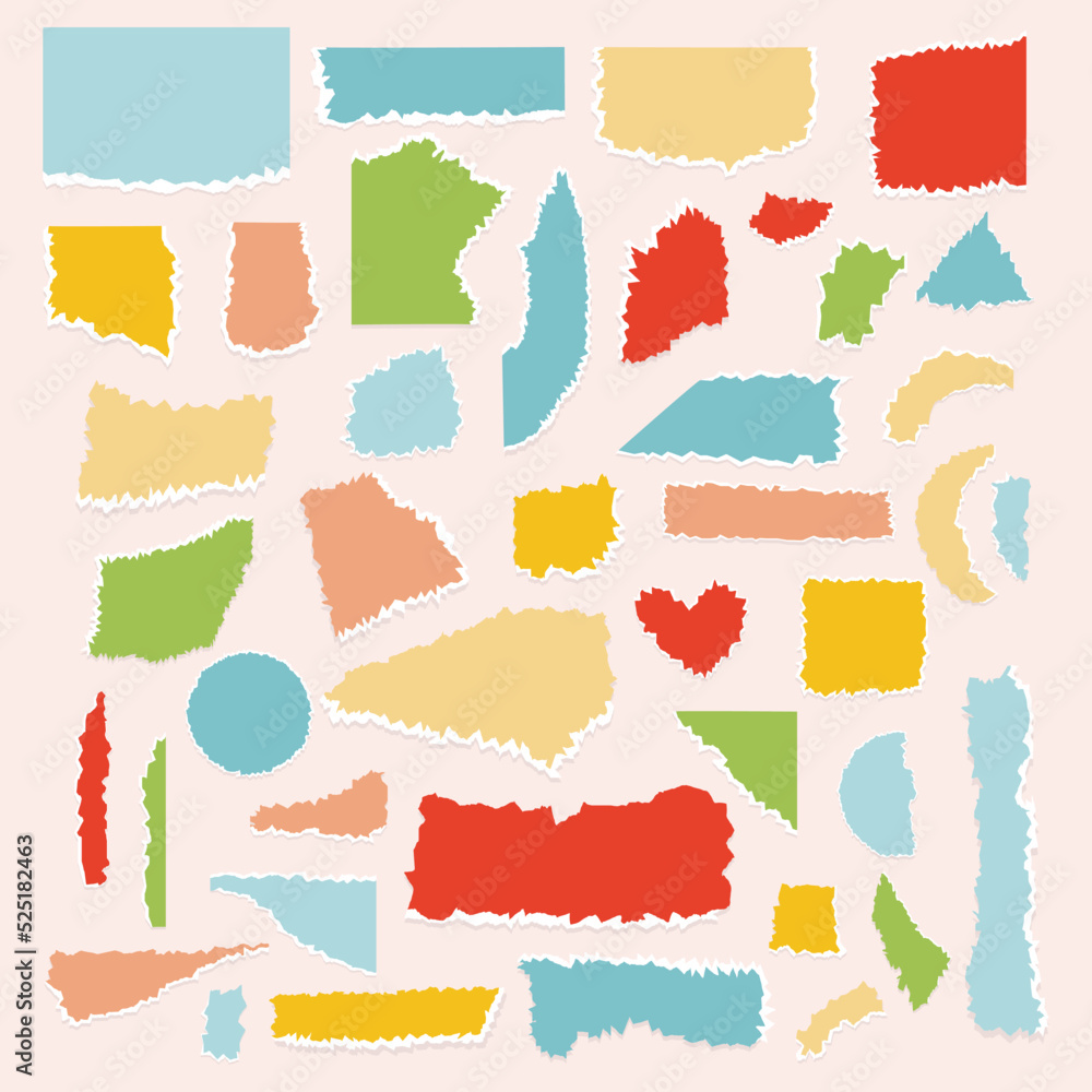 Colored pieces of torn paper. Set of collage paper geometric shapes. Creative cutouts. Vector scraps.