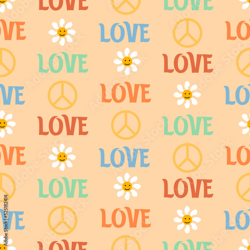 Pattern with daisies, pacific and colorful letters. Vintage retro style 1970. Vector drawing. For clothing, packaging materials, design and prints, postcards and flyers, children, home interior.