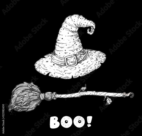 Happy Halloween. Witch hat and magic broom sketch. Hand drawn vector illustration. Design element. Vintage design for the holiday Halloween.