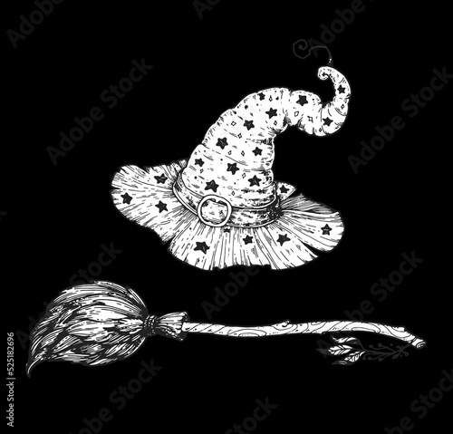 Happy Halloween. Witch hat and magic broom sketch. Hand drawn vector illustration. Design element. Vintage design for the holiday Halloween.