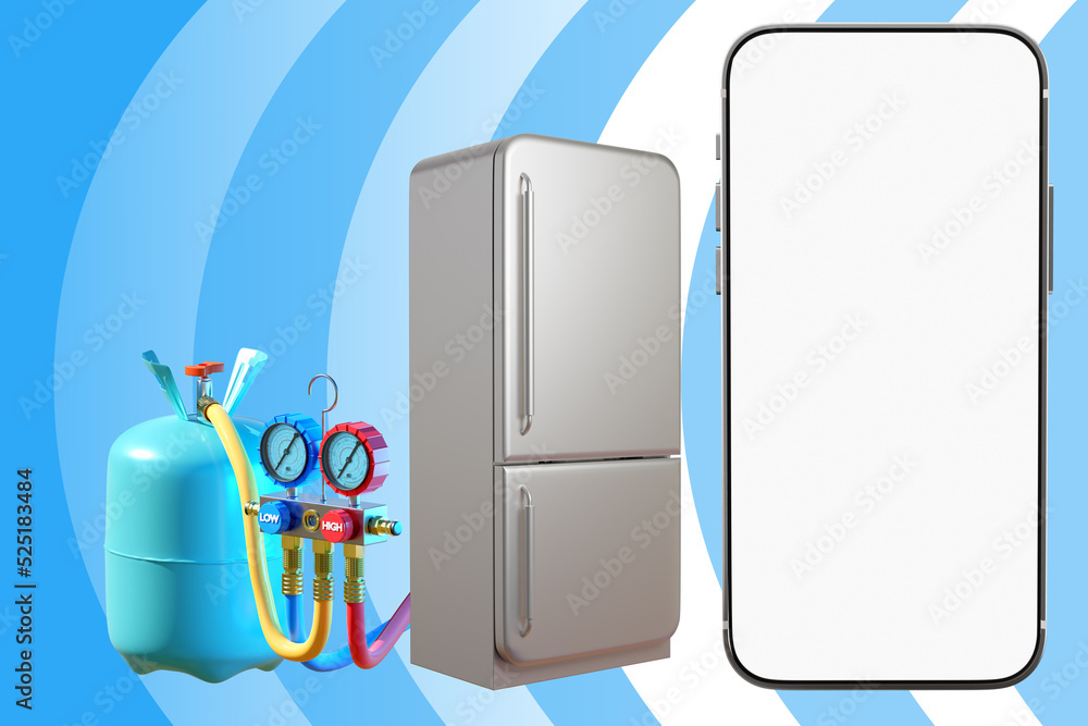 Filling refrigerator. Phone template. Freon gas bottle. Phone with white screen. Home