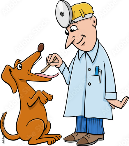 cartoon dog character at the vet having throat exam