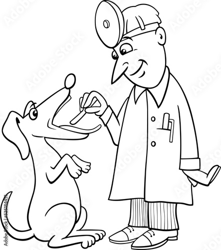 cartoon dog at the vet having throat exam coloring page