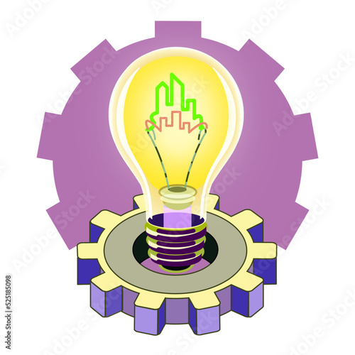 lighbulb inside a cog, illuminating city