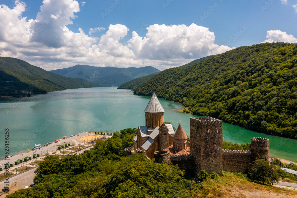 Aerial scenic view of Ananuri Fortress Complex on the Aragvi River in Georgia. The castle was the scene of numerous battles