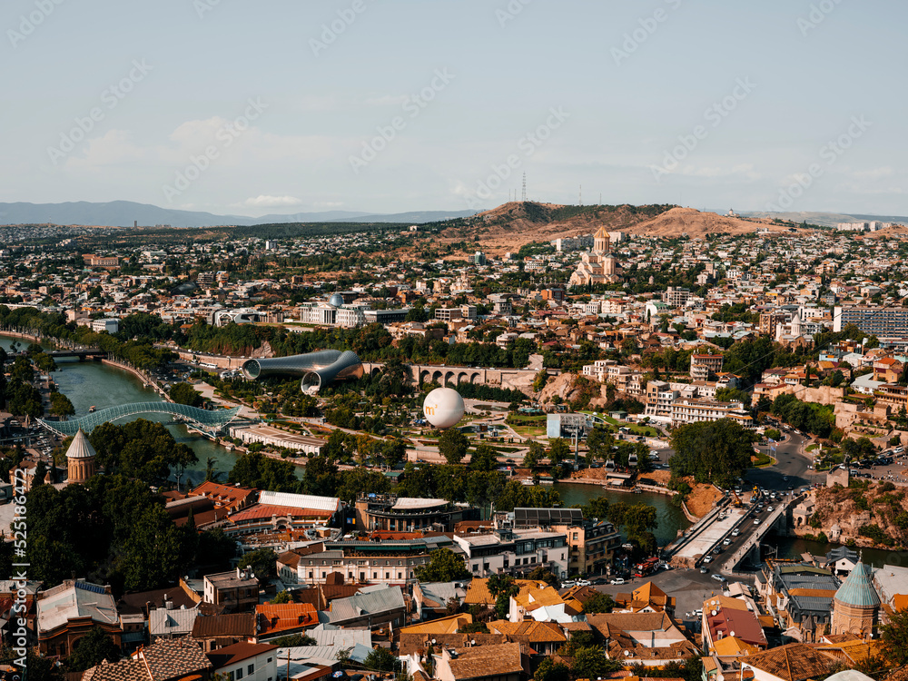Aerial view on tiblisi and river Kura Mtkvari .Capital of Georgia. Tbilisi , Georgia 25.07.2022
