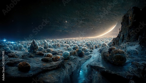 planet covered with cobblestones, space background with rocks under the night sky and shining moon sphere.