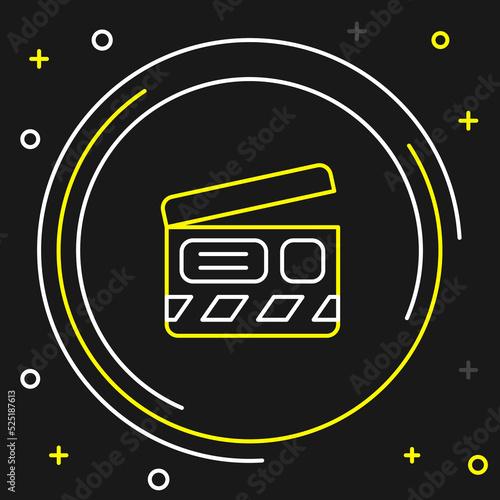 Line Movie clapper icon isolated on black background. Film clapper board. Clapperboard sign. Cinema production or media industry. Colorful outline concept. Vector