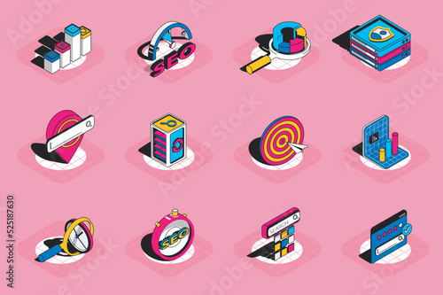 Seo optimization 3d isometric icons set. Pack elements of traffic, rating, network, target, keyword page ranking, data analytics, strategy and others. Vector illustration in modern isometric design