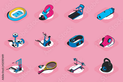 Sports 3d isometric icons set. Pack elements of boxing gloves, treadmill, dumbbells, exercise machine, gym equipment, championship stadium and others. Vector illustration in modern isometric design