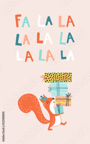 Christmas card with a squirrel carries a stack of gifts. Fa la la la. Vector cartoon illustration in simple childish hand drawn cartoon style. The limited palette is ideal for printing.