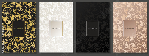 Luxury cover set with floral pattern. Elegant golden and glossy foliage on black, platinum and pink background. 