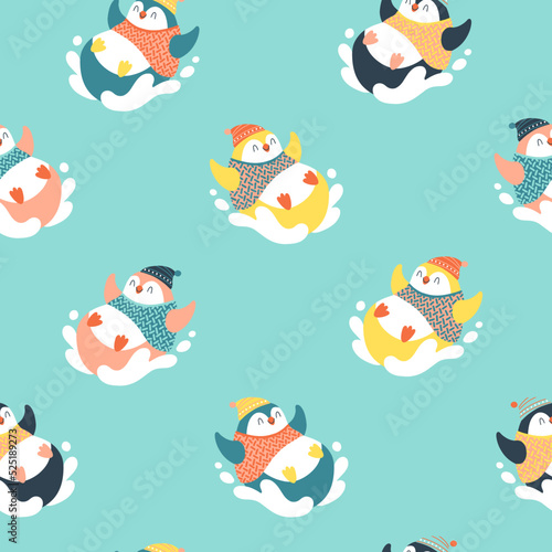 Christmas seamless pattern with a cute penguin in a sweater rides from a snowy mountain. Vector doodle illustration in simple childish hand drawn cartoon scandinavian style. The limited palette