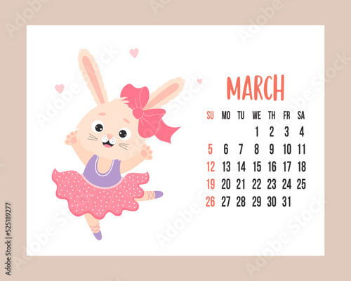 March 2023 calendar. Cute bunny girl ballerina in dress dances on pointe shoes. rabbit is symbol 2023 year to Chinese zodiac. Vector illustration. horizontal Template. Week from sunday In English.