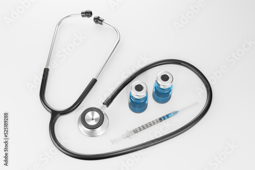 Stethoscope, syringes and vials on white background. Illustration of the concept of Covid-19 vaccination