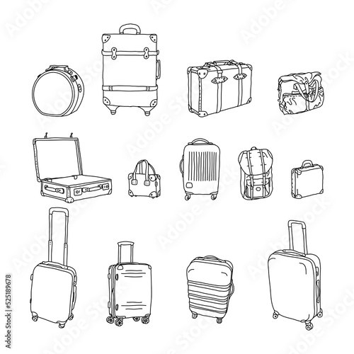 Vector set with suitcases, bags and backpacks for travel. Different types of hand luggage, suitcases and bags hand drawn in a linear style. For designing advertisements, brochures, banners and posters