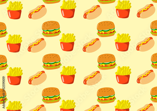 fast food illustration with hamburger, french fries and hot dog on a yellow background