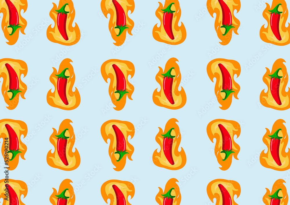red pepper illustration with orange fire on a blue background red pepper illustration with orange fire on a blue background