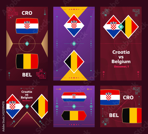 Croatia vs Belgium Match. World cup Football 2022 vertical and square banner set for social media. 2022 Football infographic. Group Stage. Vector illustration announcement