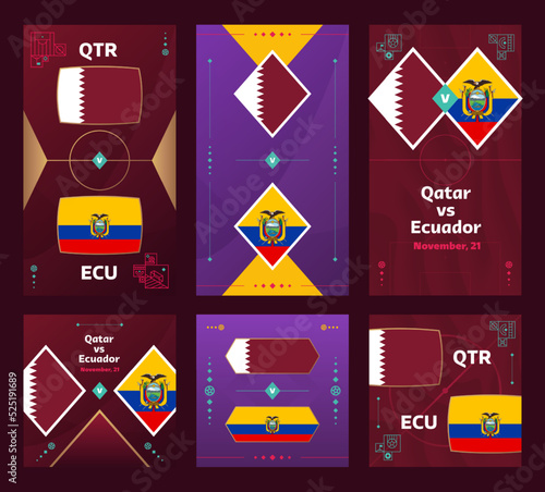 Qatar vs Ecuador Match. World Football 2022 vertical and square banner set for social media. 2022 Football infographic. Group Stage. Vector illustration announcement