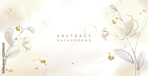 Abstract art floral background in beige and earth tones with outlines of flowers with leaves and golden lines. Vector drawing for advertising banner, greeting card, invitation, poster, Web, covers.