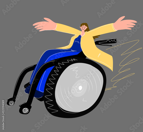 A girl in a wheelchair with outstretched arms is happy, smiles and enjoys life. The concept of a contented person with disabilities. Stock vector image of a non-walking girl.