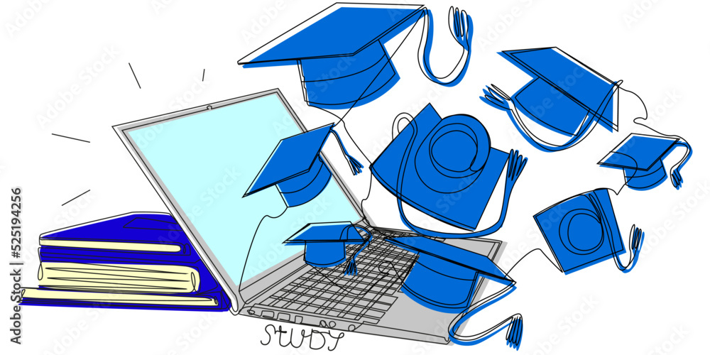Course Picture Hat Flying student hats from a laptop in one line with colored silhouettes ...