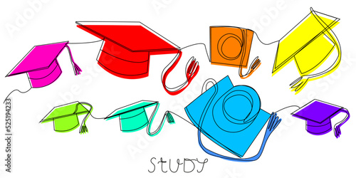 Multicolored student caps in one line on a white background. Stock vector illustration with attribute of higher education and graduation.