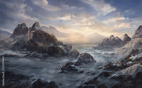 Fantastic Epic Magical Landscape of Mountains. Summer nature. Mystic Valley, tundra, forest. Gaming assets. Celtic Medieval RPG background. Rocks and grass. Beautiful sky and clouds. Lake and river