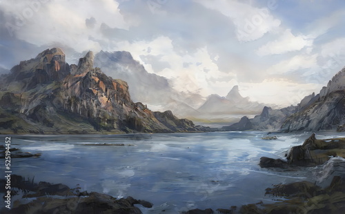 Fantastic Epic Magical Landscape of Mountains. Summer nature. Mystic Valley  tundra  forest. Gaming assets. Celtic Medieval RPG background. Rocks and grass. Beautiful sky and clouds. Lake and river