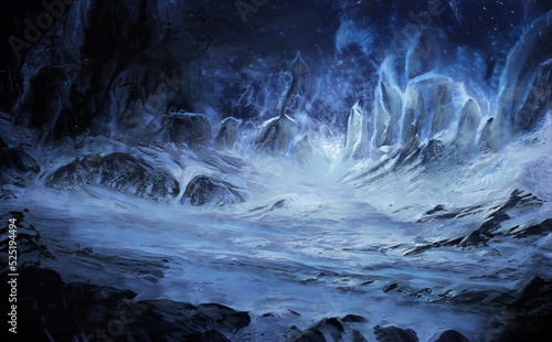 Fantastic Winter Epic Landscape of Mountains. Celtic Medieval forest. Frozen nature. Glacier in the mountains. Mystic Valley. Artwork sketch. Gaming RPG background.