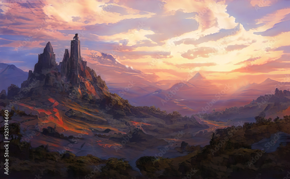 Fantastic Epic Magical Landscape of Mountains. Summer nature. Mystic Valley, tundra, forest. Gaming assets. Celtic Medieval RPG background. Rocks and grass. Sunrise, sunset. Lakes and rivers	