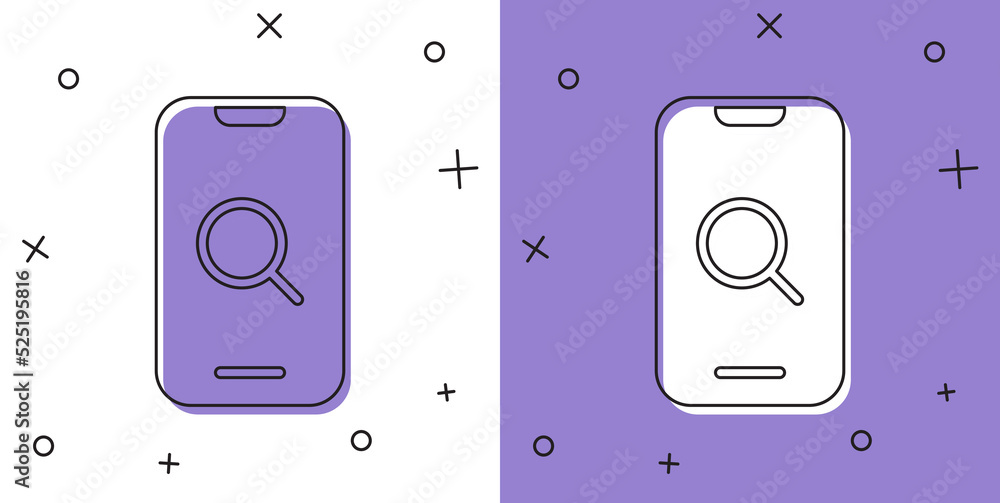 Set Magnifying glass and mobile icon isolated on white and purple background. Search, focus, zoom, business symbol. Vector Set Magnifying glass and mobile icon isolated on white and purple background. Search, focus, zoom, business symbol. Vector