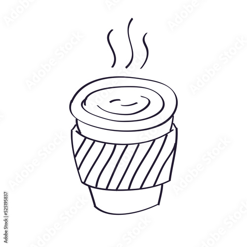 Takeaway espresso coffee or hot tea drink disposable paper cup isolated hand drawn doodle line sketch vector icon
