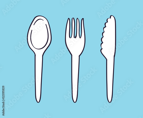 White disposable plastic cutlery tableware set, fork, spoon, knife, isolated hand drawn doodle line sketch vector illustration.