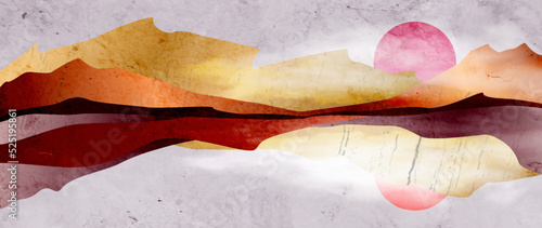 Abstract landscape art background with mountains and hills in artistic style. Watercolor banner for wallpaper design, print, decor, packaging, interior design, fabric.
