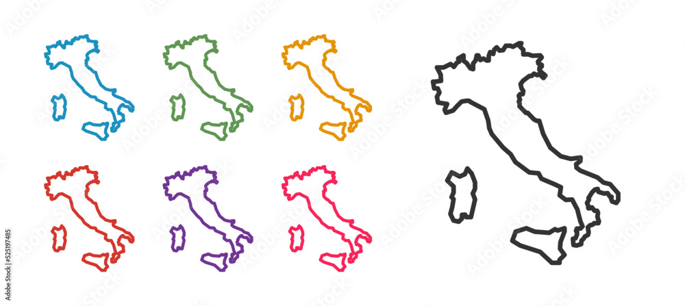 Set line Map of Italy icon isolated on white background. Set icons colorful. Vector
