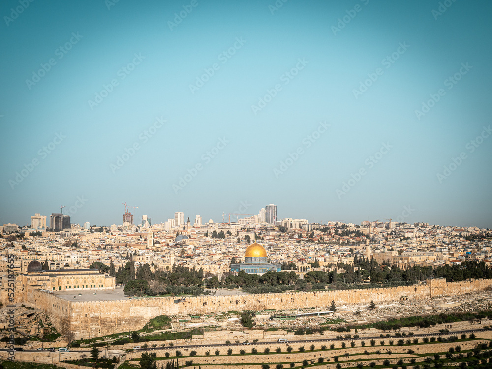 Skyline of the Temple Mount of Jerusalem from the top of the Mount of Olives