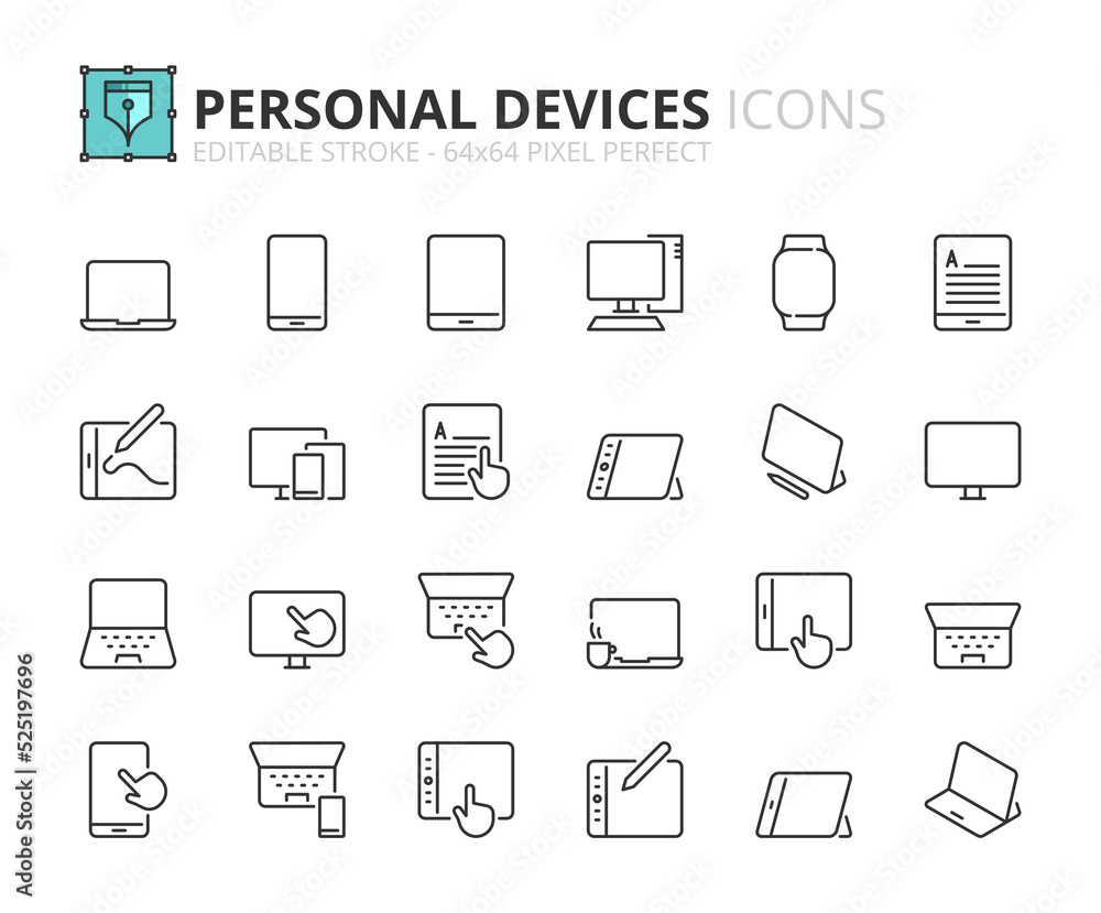 Simple set of outline icons about personal devices