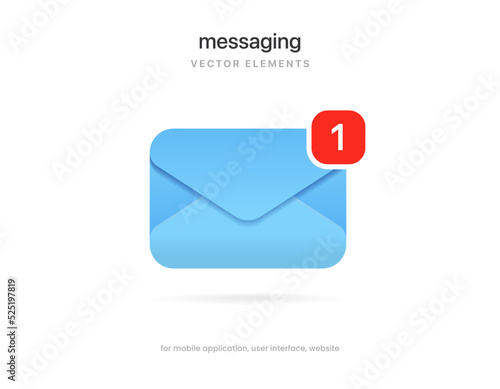 3d realistic blue message chat messaging icon. Document and postal envelope. Chatting, mail, post, letter symbol, sign, emblem with new notification for UI UX website mobile app.