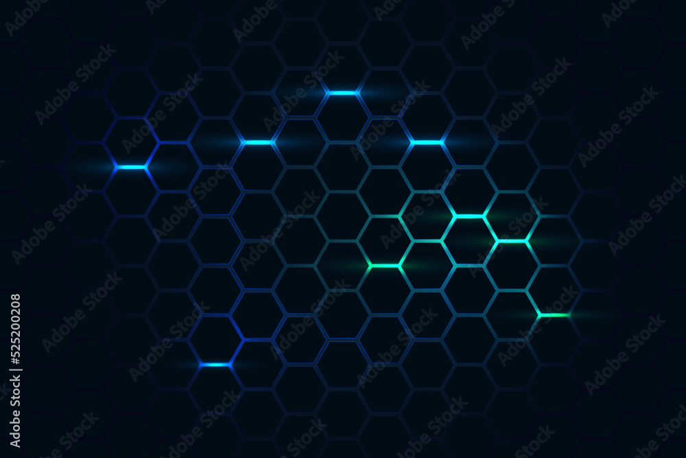 Dark hexagon abstract technology background with blue and green colored ...