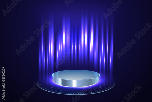 Blue circle portal, teleport, hologram gadget. Blank display, stage or magic portal, podium for show product in futuristic cyberpunk or hud style. Sci-fi digital hi-tech elements for presentation prod