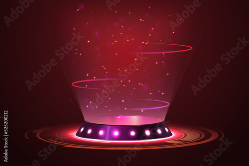 Red circle portal, teleport, hologram gadget. Blank display, stage or magic portal, podium for show product in futuristic cyberpunk or hud style. Sci-fi digital hi-tech elements for presentation