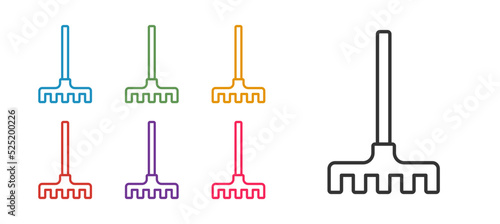 Set line Garden rake icon isolated on white background. Tool for horticulture, agriculture, farming. Ground cultivator. Housekeeping equipment. Set icons colorful. Vector