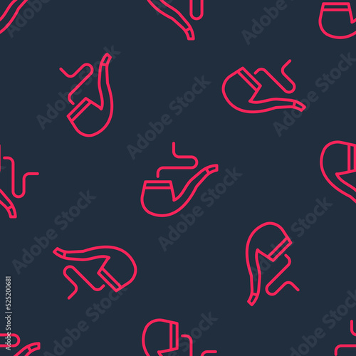 Red line Smoking pipe with smoke icon isolated seamless pattern on black background. Tobacco pipe. Vector