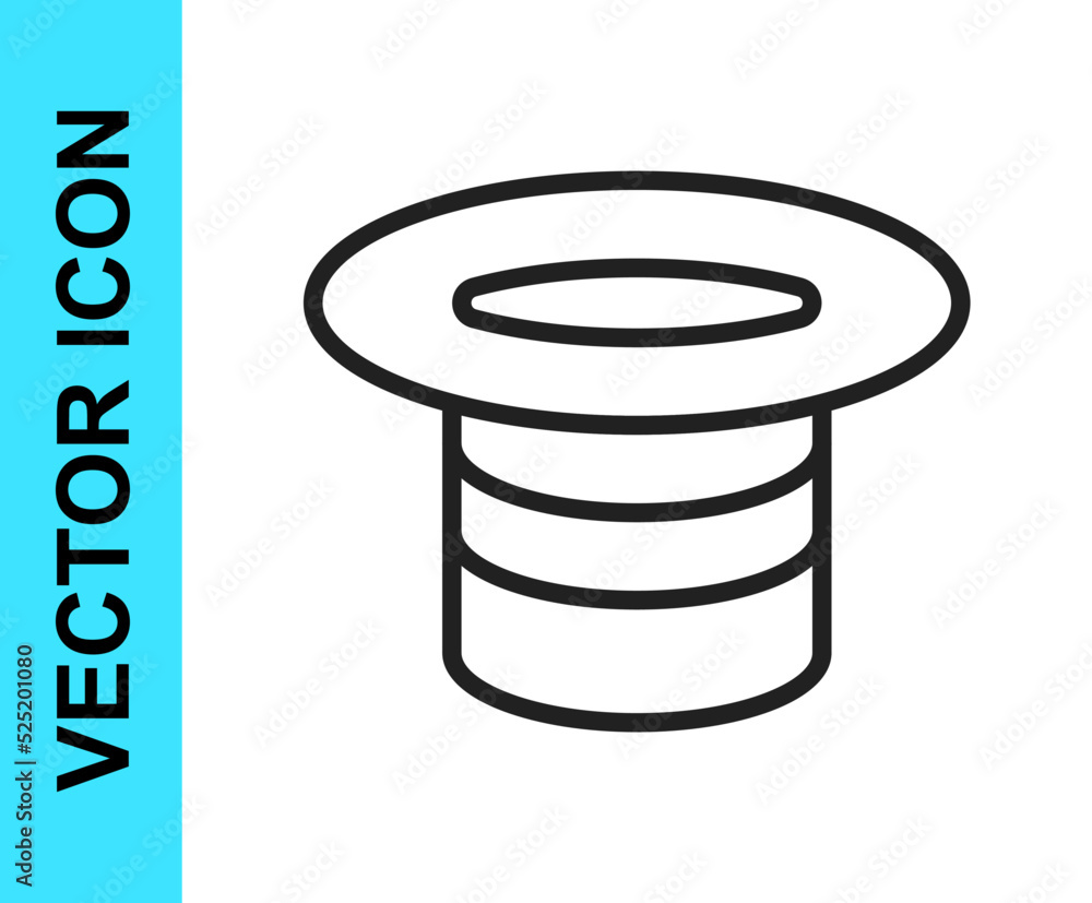 Black line Magic hat icon isolated on white background. Magic trick. Mystery entertainment concept. Vector Black line Magic hat icon isolated on white background. Magic trick. Mystery entertainment concept. Vector
