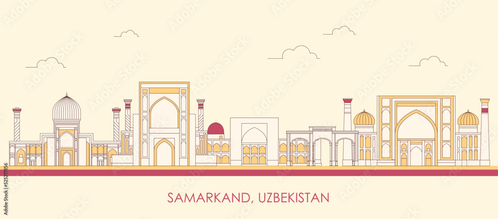 Cartoon Skyline panorama of city of Samarkand, Uzbekistan - vector illustration Cartoon Skyline panorama of city of Samarkand, Uzbekistan - vector illustration